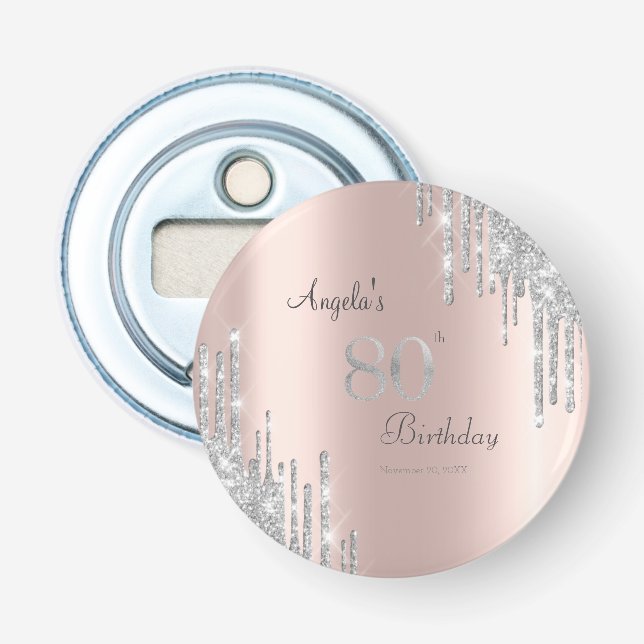Silver Glitter Drips Rose Gold 80-årsfirande Flasköppnare (Framsidan)
