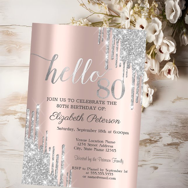 Silver Glitter Drips Rose Gold 80-årsfirande  Inbjudningar (Skapare uppladdad)