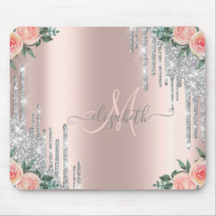 Silver Glitter Drips Rose Gold Blommig Monogram Musmatta