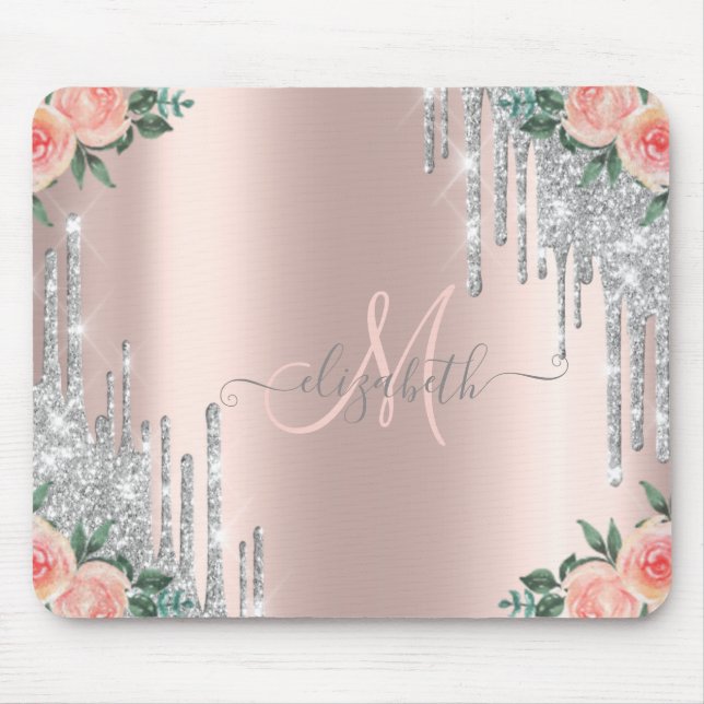 Silver Glitter Drips Rose Gold Blommig Monogram Musmatta (Framsidan)