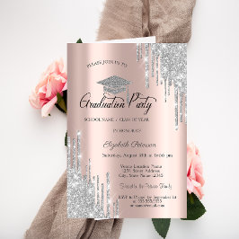 Silver Glitter Drips, Rose Gold Examen Inbjudningar