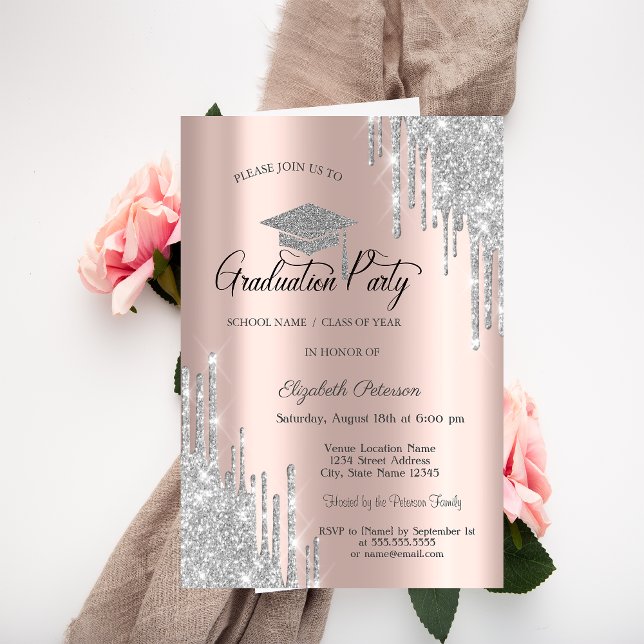 Silver Glitter Drips, Rose Gold Examen  Inbjudningar (Skapare uppladdad)