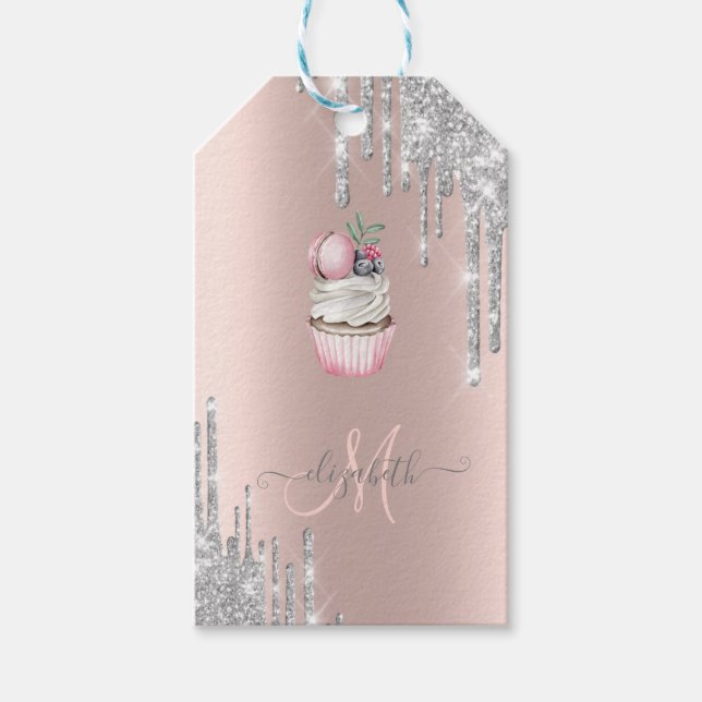 Silver Glitter Drips Rose Gold Monogram Cupcake bl Presentetikett (Framsidan)