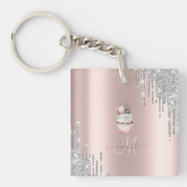 Silver Glitter Drips Rose Gold Monogramm Cupcake (Framsidan)