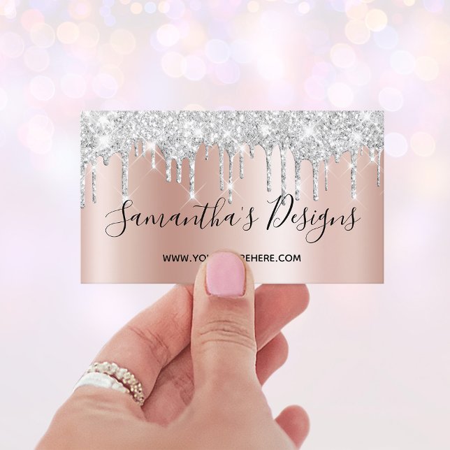 Silver Glitter Drips Rose Gold Ombre Webbutik Visitkort (Silver Glitter Drips Rose Gold Ombre Online Store Business Card)
