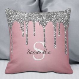 Silver Glitter Drips Rose Gold Pink Monogram Name Kudde