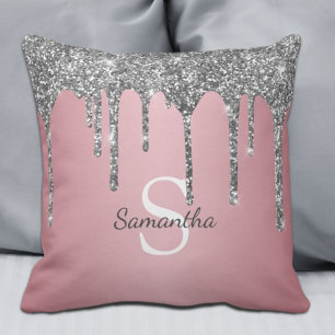 Silver Glitter Drips Rose Gold Pink Monogram Name Kudde