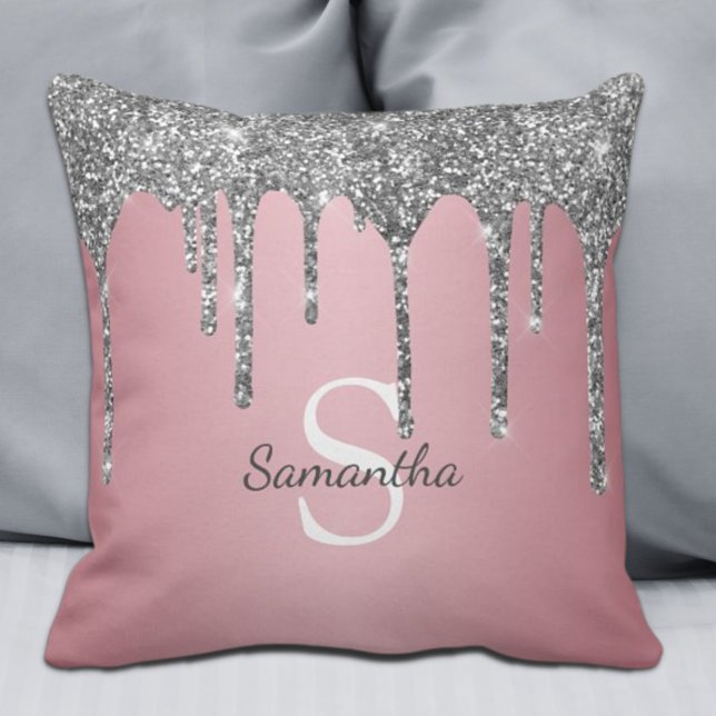 Silver Glitter Drips Rose Gold Pink Monogram Name Kudde (Skapare uppladdad)