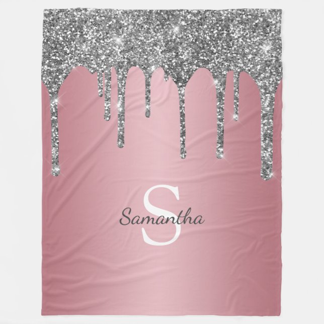 Silver Glitter Drips Rose Gold Rosa Monogram Namn Fleecefilt (Framsidan)