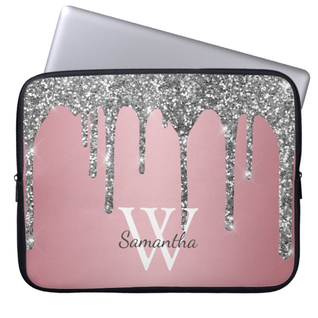 Silver Glitter Drips Rose Gold Rosa Monogram Namn Laptop Fodral (Framsidan)
