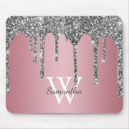 Silver Glitter Drips Rose Gold Rosa Monogram Namn Musmatta