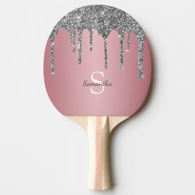 Silver Glitter Drips Rose Gold Rosa Monogram Namn Pingisracket (Framsidan)