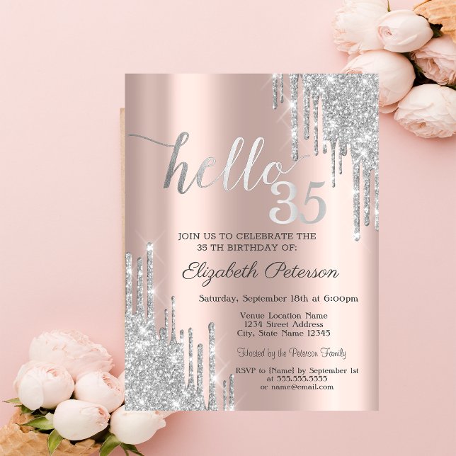 Silver Glitter Drips Rose Guld 35-årsdag In Inbjudningar (Skapare uppladdad)