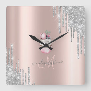 Silver Glitter Drips Rose Guld Monogram Cupcake Fyrkantig Klocka