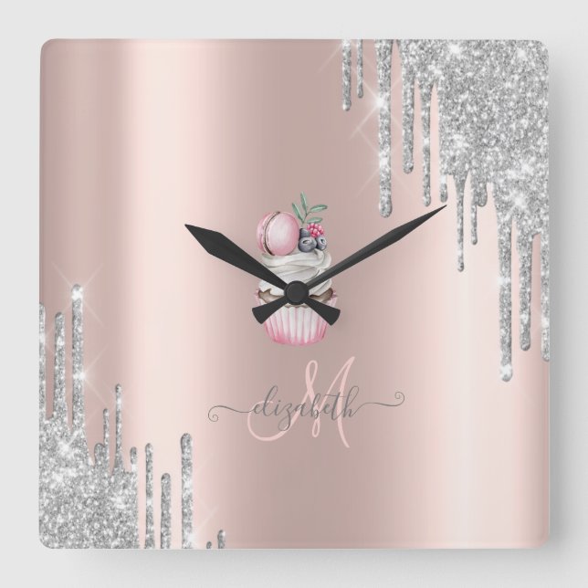 Silver Glitter Drips Rose Guld Monogram Cupcake Fyrkantig Klocka (Framsida)