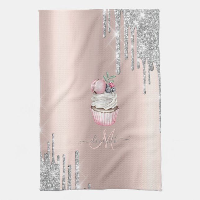 Silver Glitter Drips Rose Guld Monogram Cupcake Kökshandduk (Vertikal)