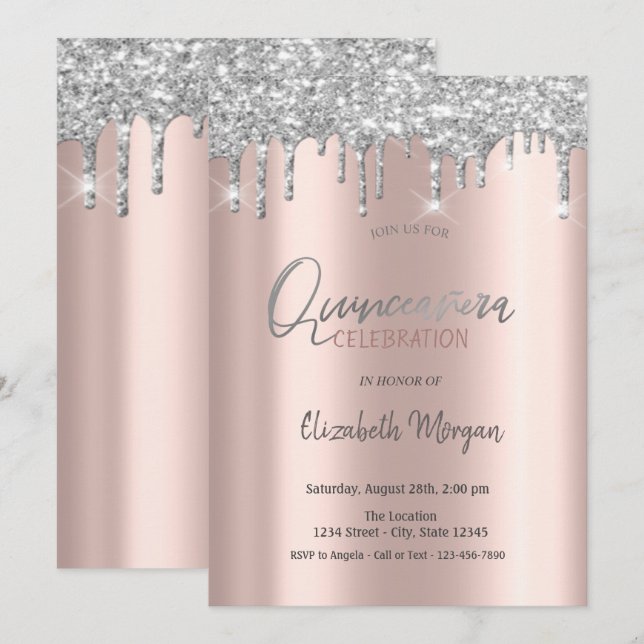 Silver Glitter Drips Rose Guld Quinceanera Inbjudningar (Fram/baksida)