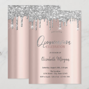 Silver Glitter Drips Rose Guld Quinceanera Inbjudningar