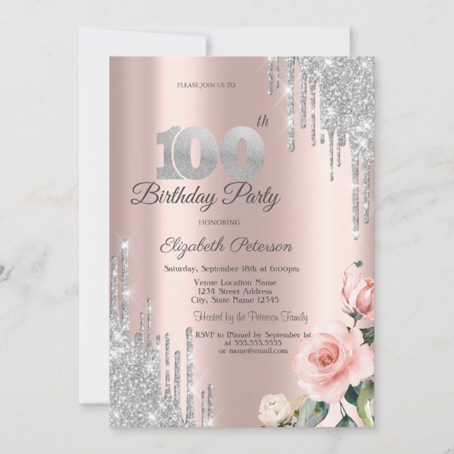 Silver Glitter Drips Rosor Rose Gold 100th Inbjudningar (Framsida)