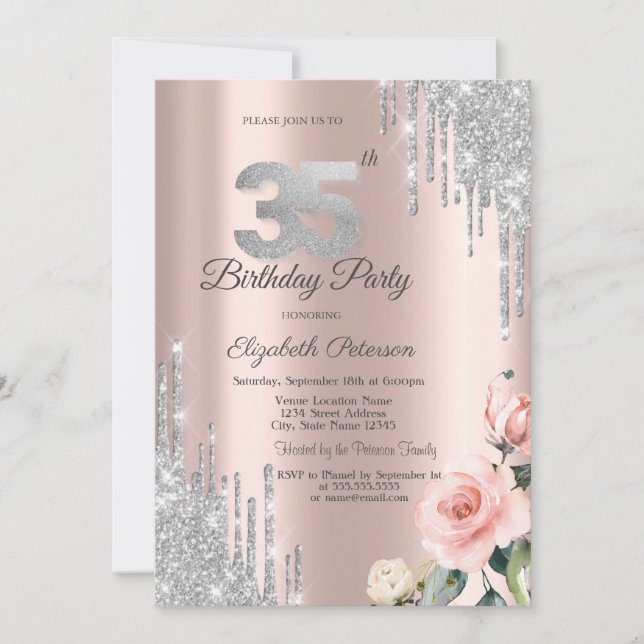 Silver Glitter Drips Rosor Rose Gold 35:e Inbjudningar (Framsida)