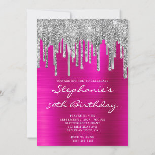 Silver Glitter Drips Shock rosa 50:e födelsedagen Inbjudningar