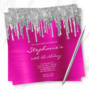 Silver Glitter Drips Shock rosa Foil 60 Birthday Inbjudningar