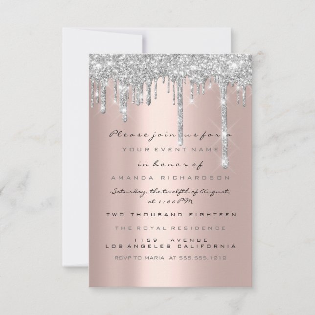 Silver Glitter Drips Silver Lyx Bröllop Sweet 16 Inbjudningar (Framsida)