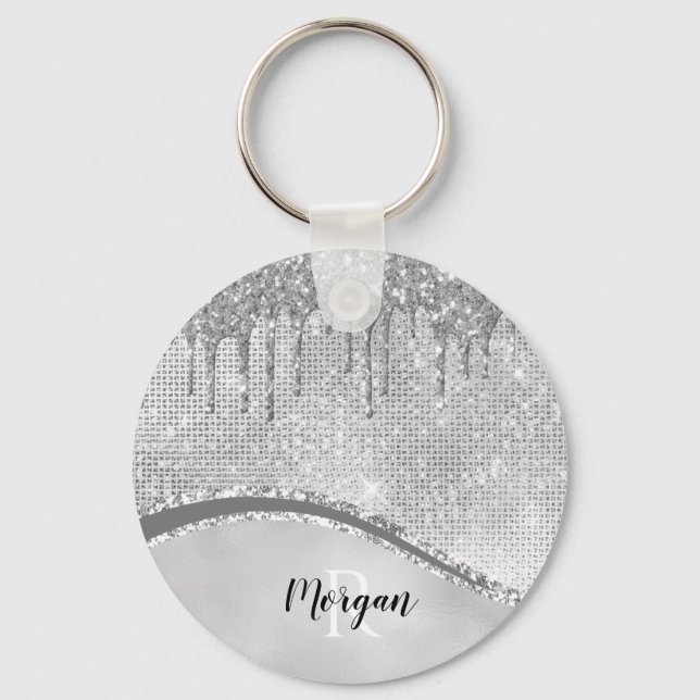 Silver Glitter Drips & Sparkle, Namn & Monogram Ke Nyckelring (Framsida)