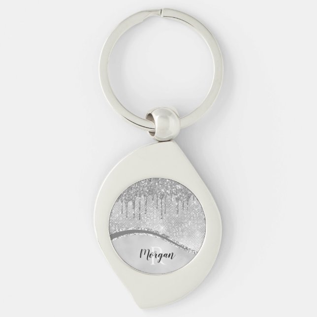 Silver Glitter Drips & Sparkle, Namn & Monogram Swirl Silverfärgad Nyckelring (Framsidan)