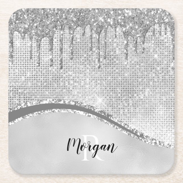 Silver Glitter Drips & Sparkle, Namn & Monogram Underlägg Papper Kvadrat (Framsidan)
