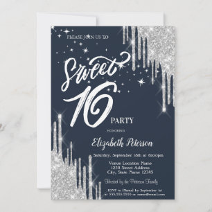 Silver Glitter Drips Stjärnor Marinblå Sweet 16  Inbjudningar