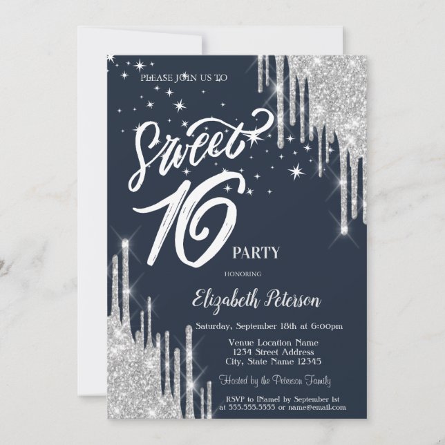 Silver Glitter Drips Stjärnor Marinblå Sweet 16  Inbjudningar (Framsida)