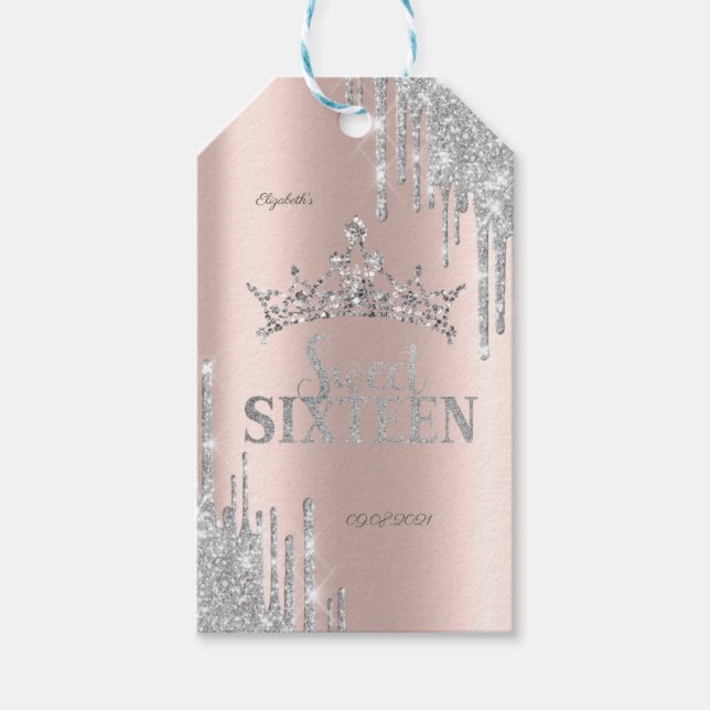 Silver Glitter Drips Tiara Ro Guld Sweet 16 Presentetikett (Framsidan)