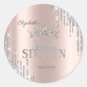 Silver Glitter Drips Tiara Roséguld Sweet 16 Runt Klistermärke