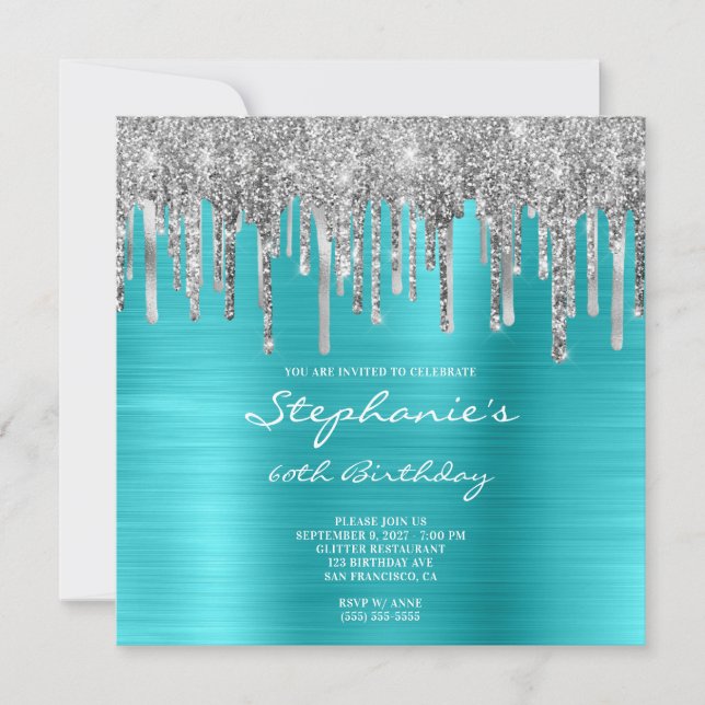 Silver Glitter Drips turkos Blue 60 Birthday Inbjudningar (Framsida)