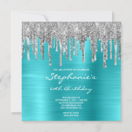 Silver Glitter Drips turkos Blue 60 Birthday Inbjudningar