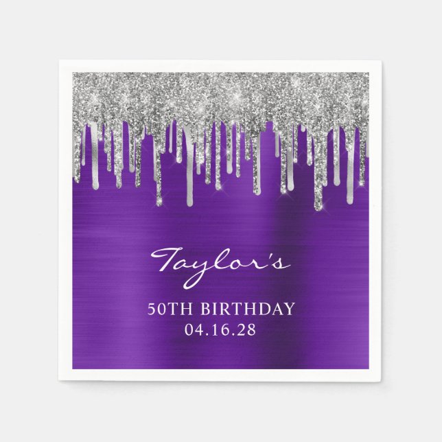 Silver Glitter Drips Violett Lila 50-årsdag Pappersservett (Framsidan)