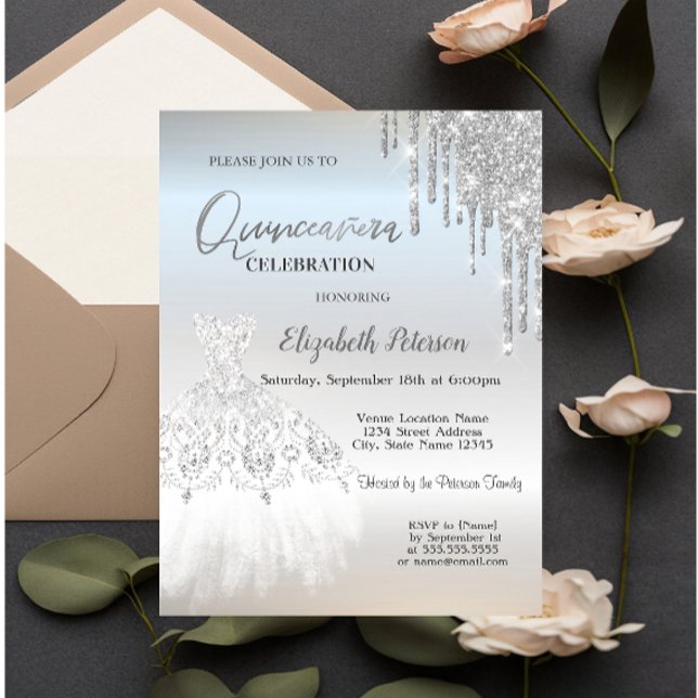 Silver Glitter Drips, Vit Quinceañera-klänning Inbjudningar (Skapare uppladdad)