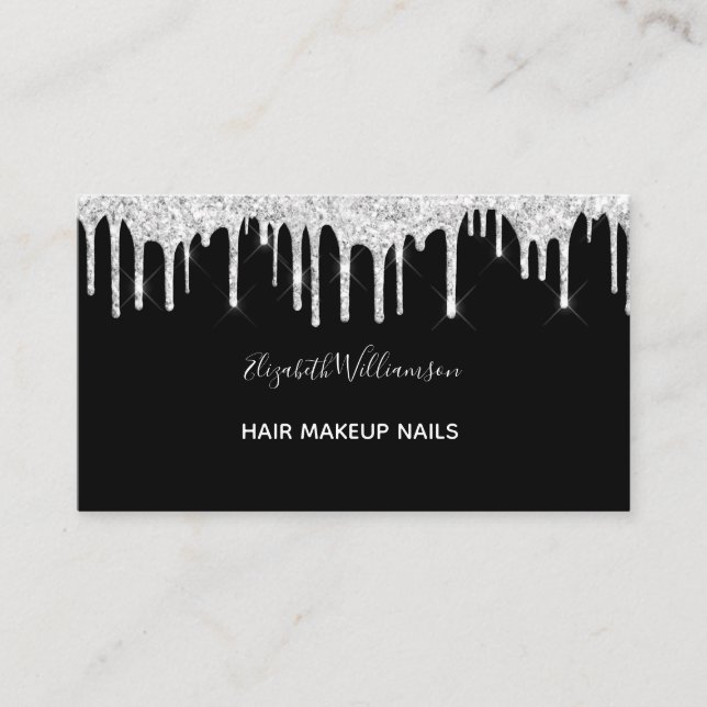 Silver Glitter Drips Vit Svart Elegant Flickaktig Visitkort (Framsida)