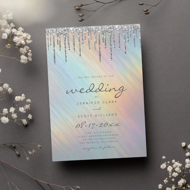 Silver Glitter Driver regnbåge Holograf Bröllop Inbjudningar (Silver Glitter Drips Rainbow Holographic Wedding Invitation )