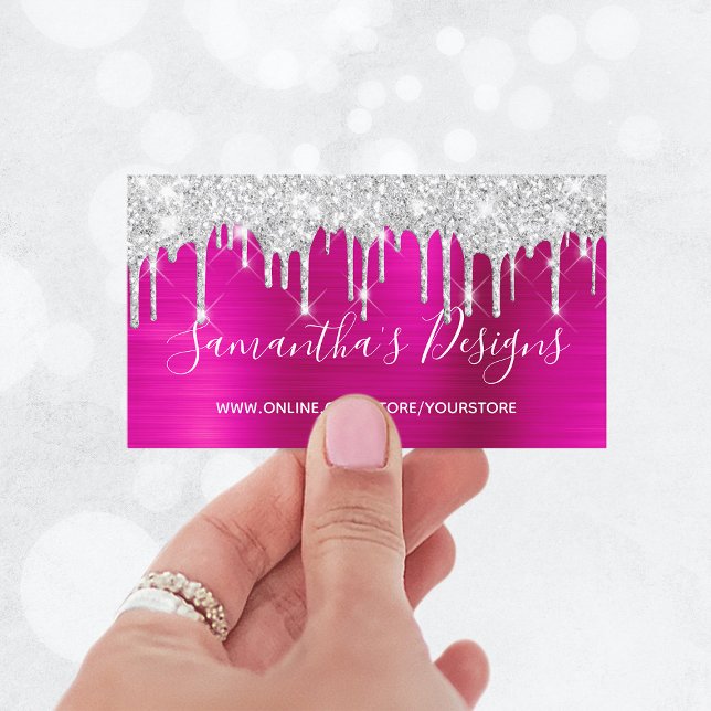 Silver Glitter Drives Shock rosa Foil Online Store Visitkort (Silver Glitter Drips Hot Pink Foil Online Store Business Card)