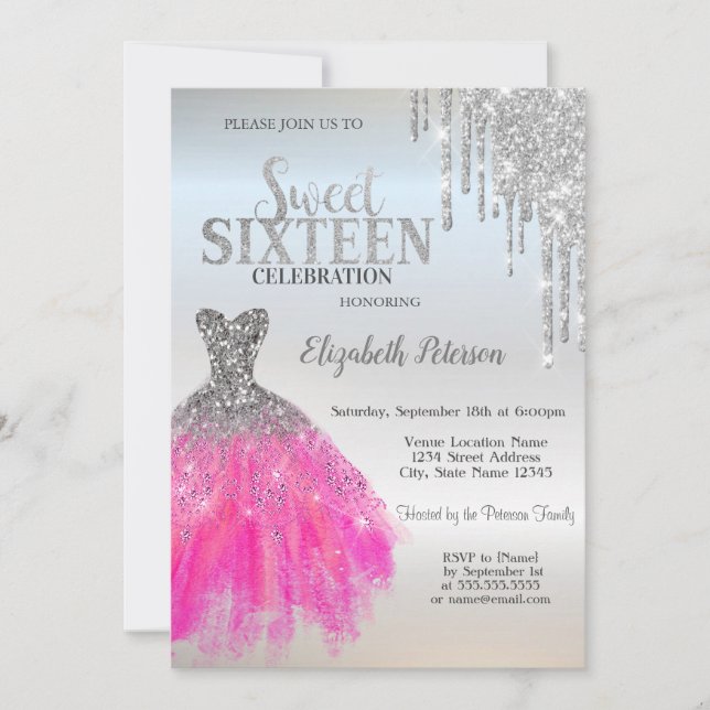 Silver Glitter-drivrutiner,Adsible Dress Sweet 16 Inbjudningar (Framsida)