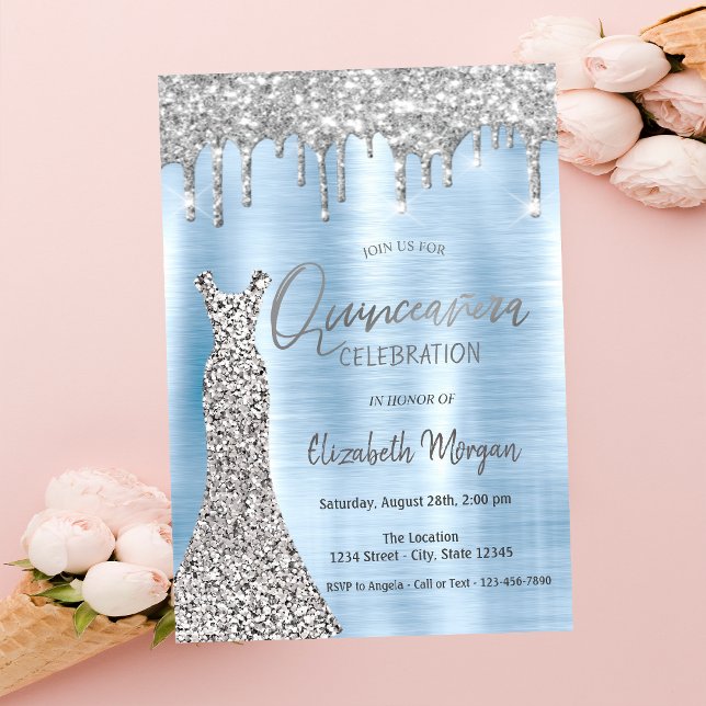 Silver Glitter-drivrutiner,Dress Blue Quinceañera Inbjudningar (Skapare uppladdad)