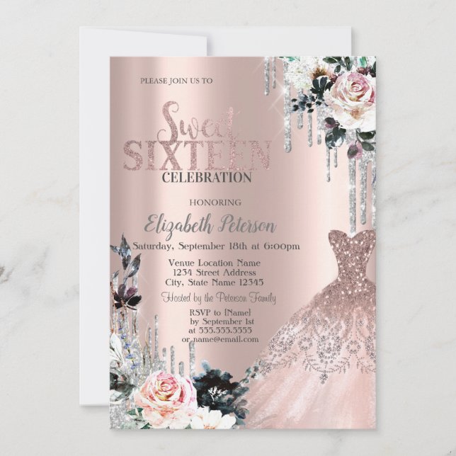 Silver Glitter-drivrutiner,Ro Sweet 16 Inbjudningar (Framsida)