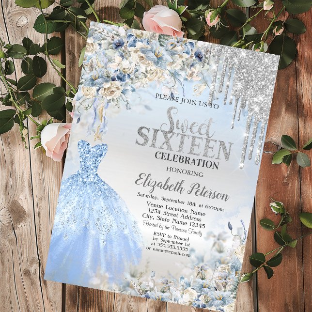 Silver Glitter-dropar, Blåa klänning blommor Sweet Inbjudningar (Skapare uppladdad)