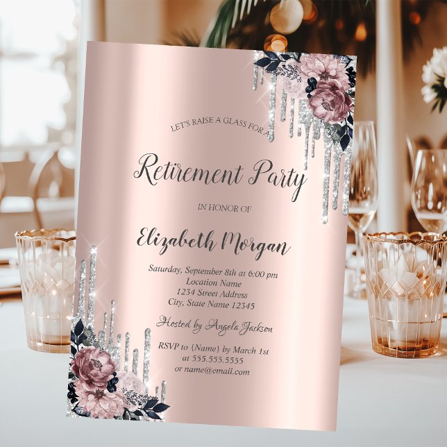 Silver Glitter-dropar, Blommor Rosa Guld Pensioner Inbjudningar (Skapare uppladdad)