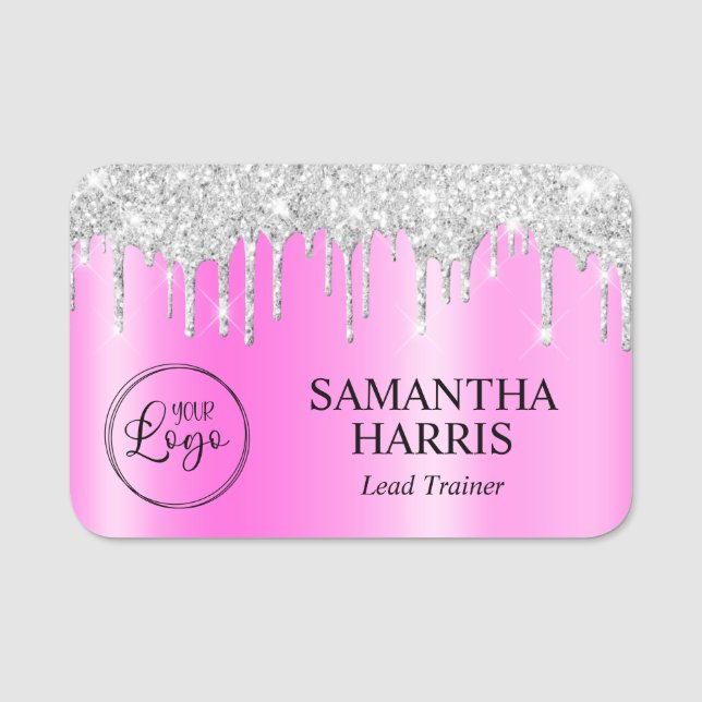 Silver Glitter-dropar Magenta Shimmer Namnbricka (Framsida)