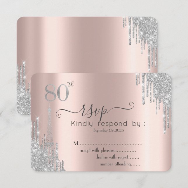 Silver Glitter-dropp, Eiffeltornet 80-årsjubileum  Inbjudningar (Fram/baksida)