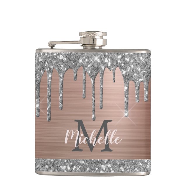 Silver Glitter-dropp på rosa metallmonogrammerad Fickplunta (Framsidan)