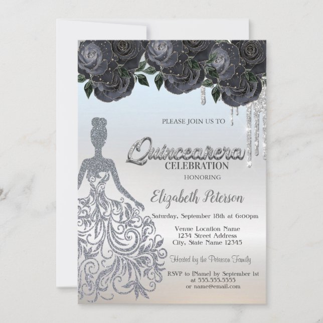 Silver Glitter Droppade Svarta Rosor Sweet 16 Inbjudningar (Framsida)
